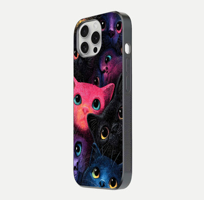 Cosmic Cats Dreams Glass Case for iPhone 16 Pro side-angle photo showing edge gloss and color depth