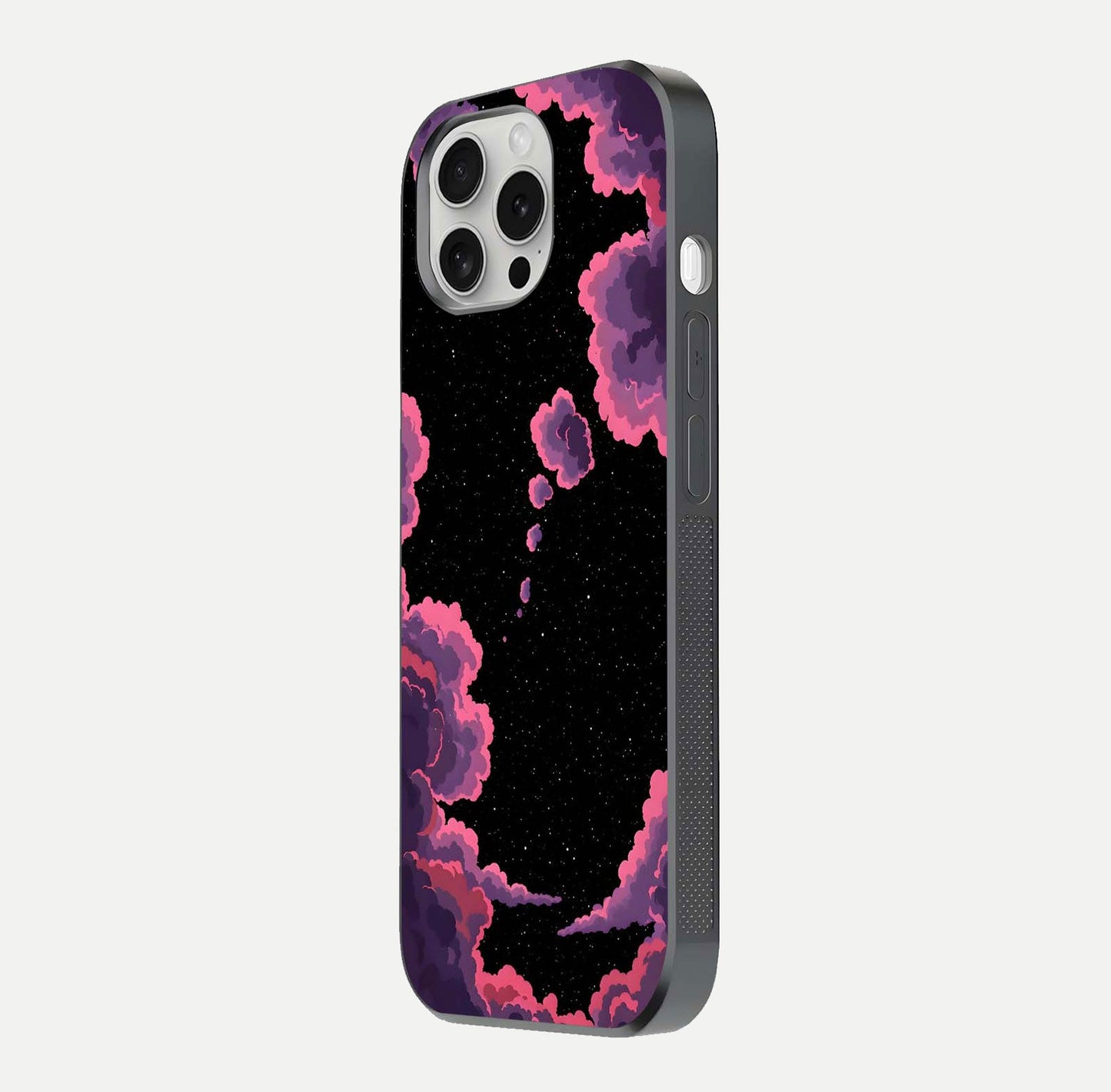 Cosmic Cloud Journey Glass Case for iPhone 16 Pro side-angle photo showing glass reflection and smooth tone