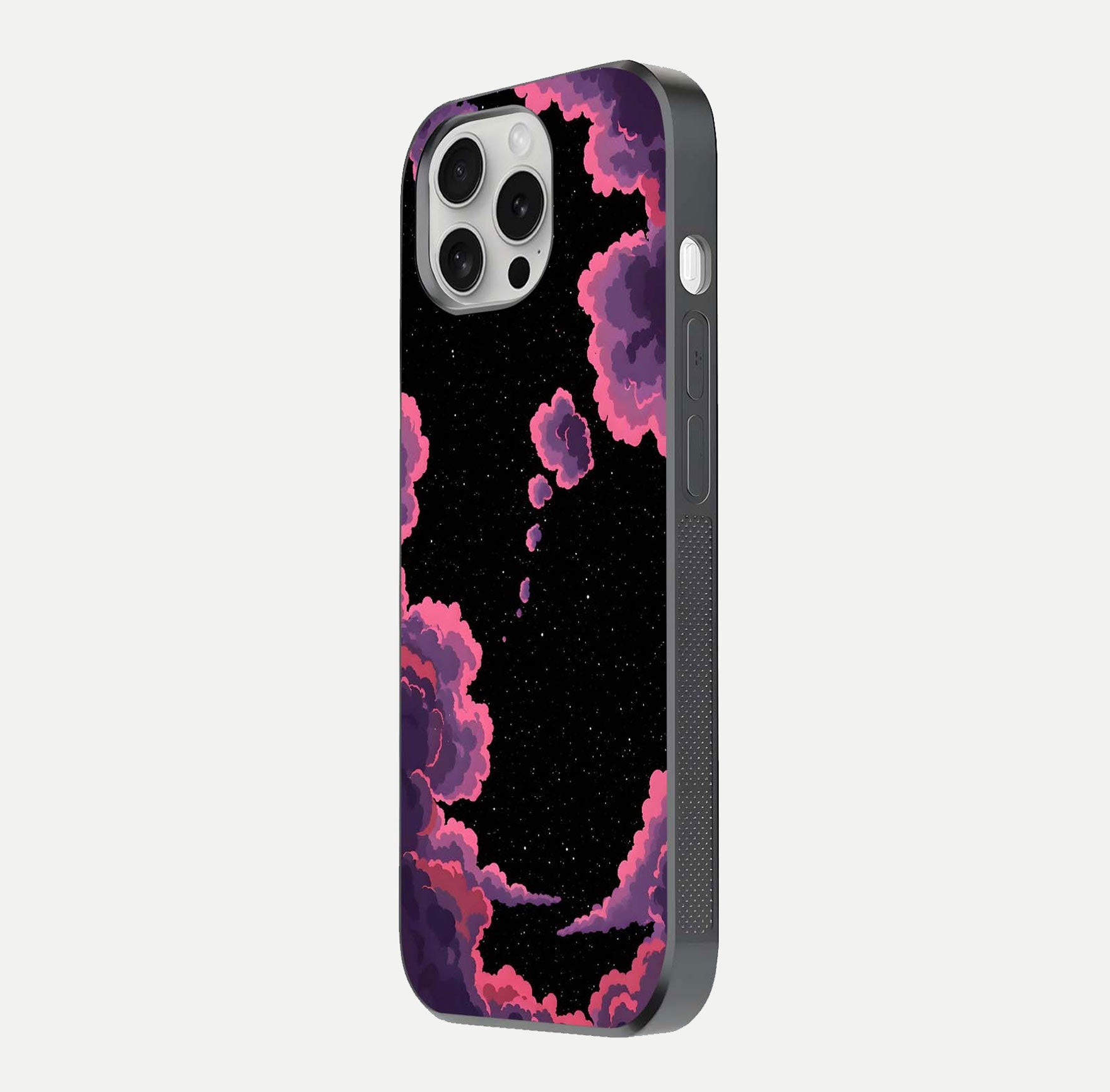 Cosmic Cloud Journey Glass Case for iPhone 16 Pro side-angle photo showing glass reflection and smooth tone