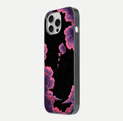 Cosmic Cloud Journey Glass Case for iPhone 16 Pro side-angle photo showing glass reflection and smooth tone