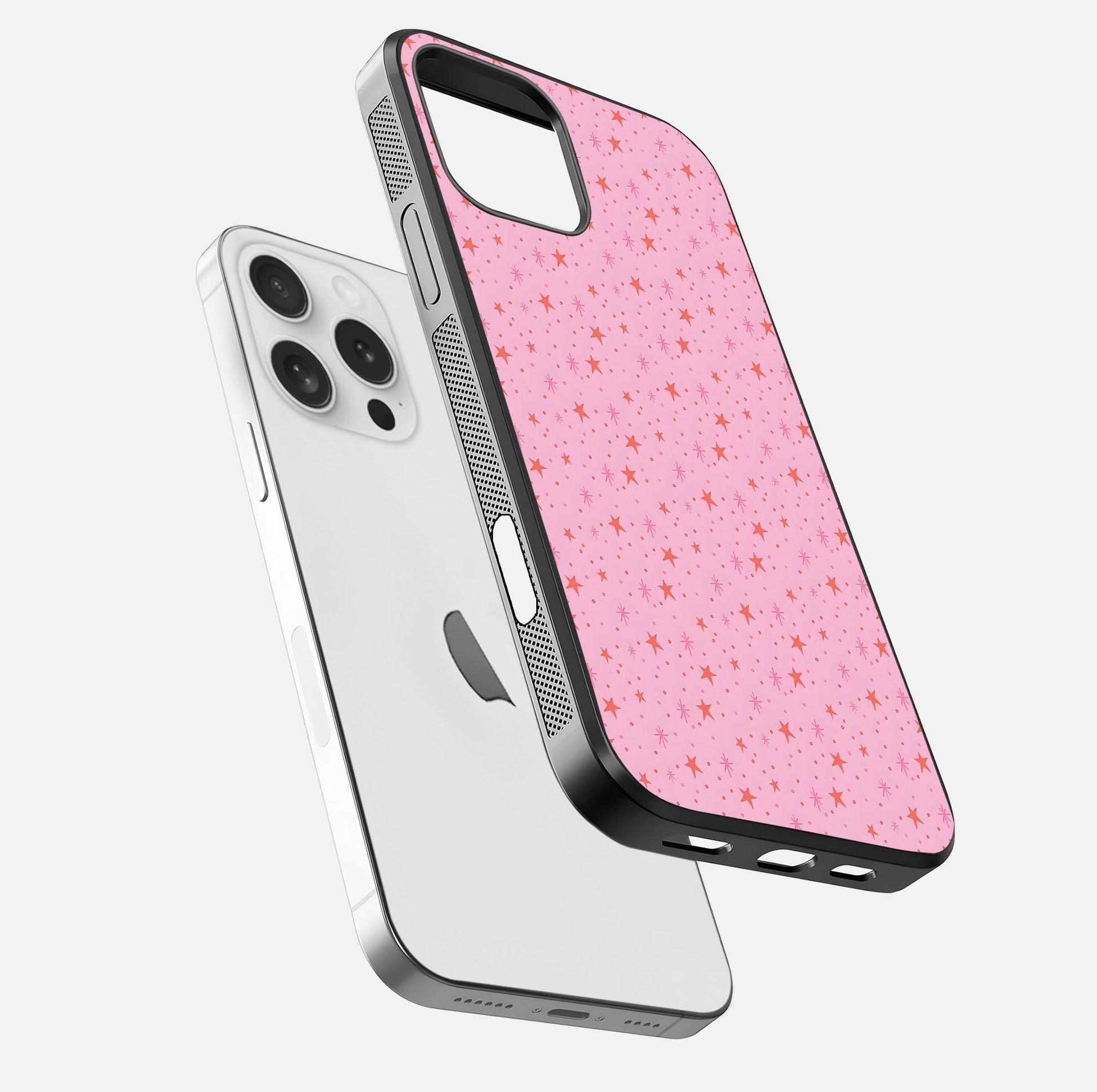 Cosmic Pink Sparkle iPhone 16 Pro glass phone case floating view emphasizing premium glass surface and glittering details