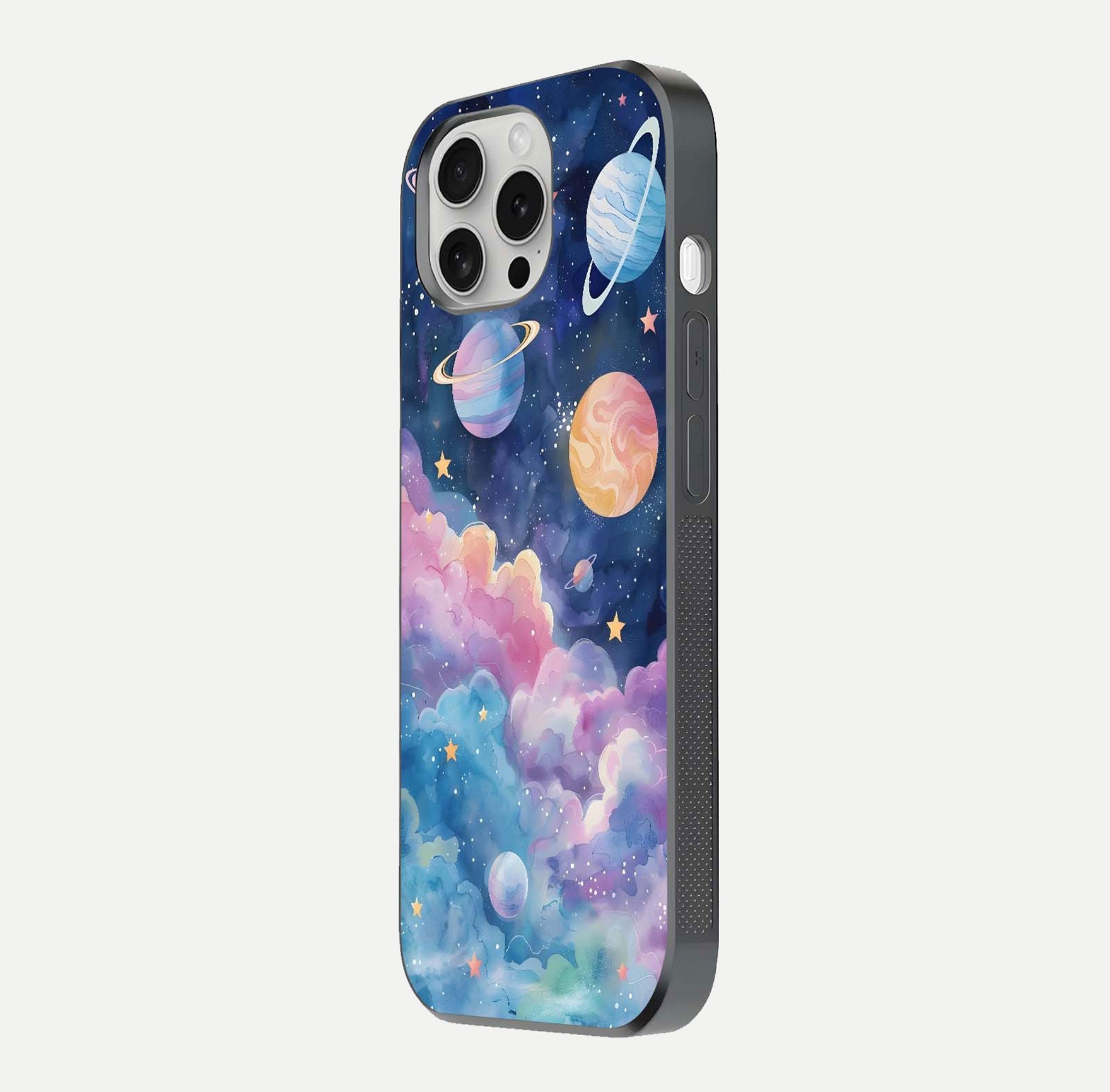 Cosmic Planet Dreams Glass Case for iPhone 16 Pro side-angle image showing texture clarity and shine