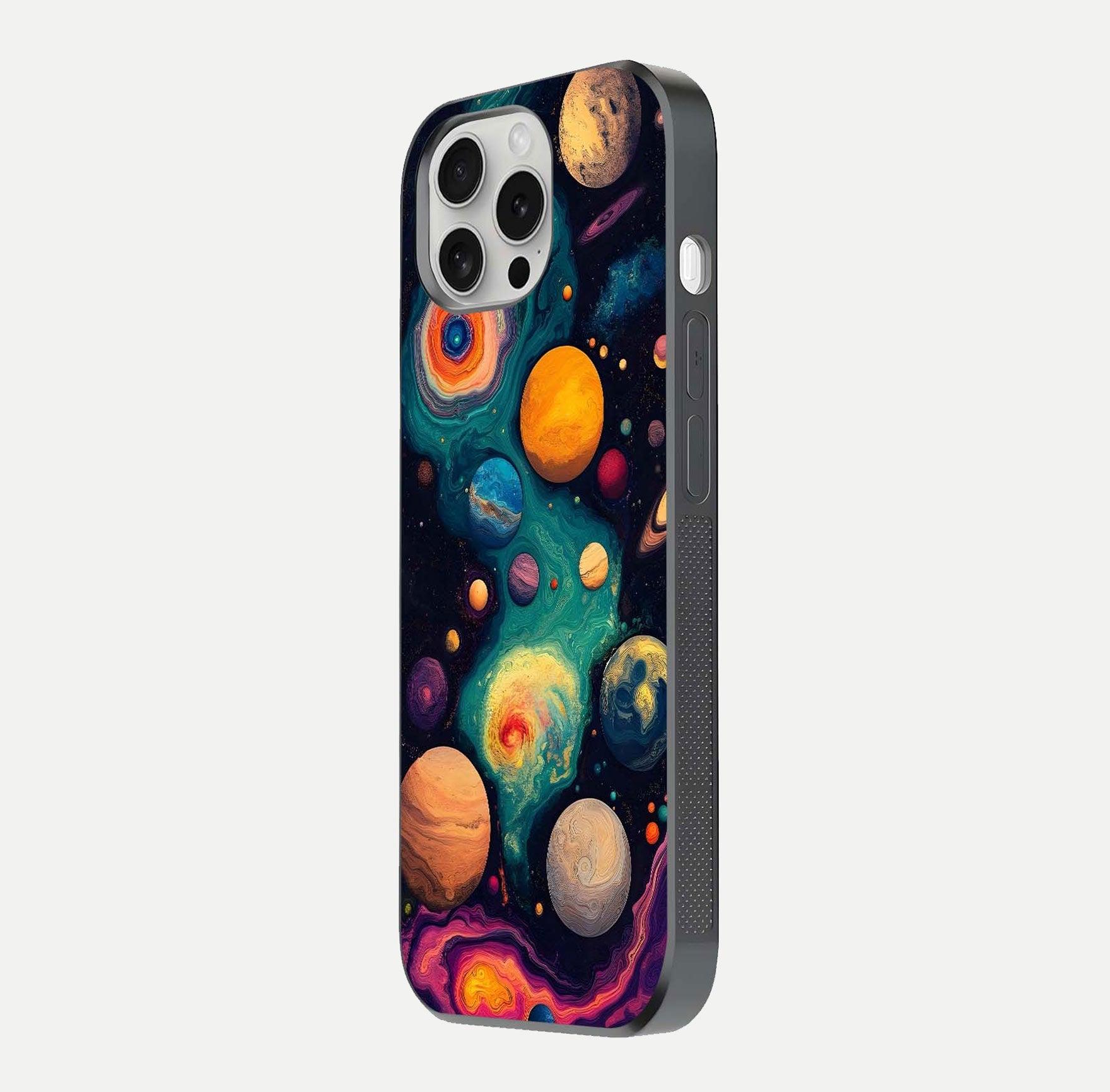 Cosmic Planet Journey Glass Case for iPhone 16 Pro side-angle image capturing smooth gloss and reflective edges