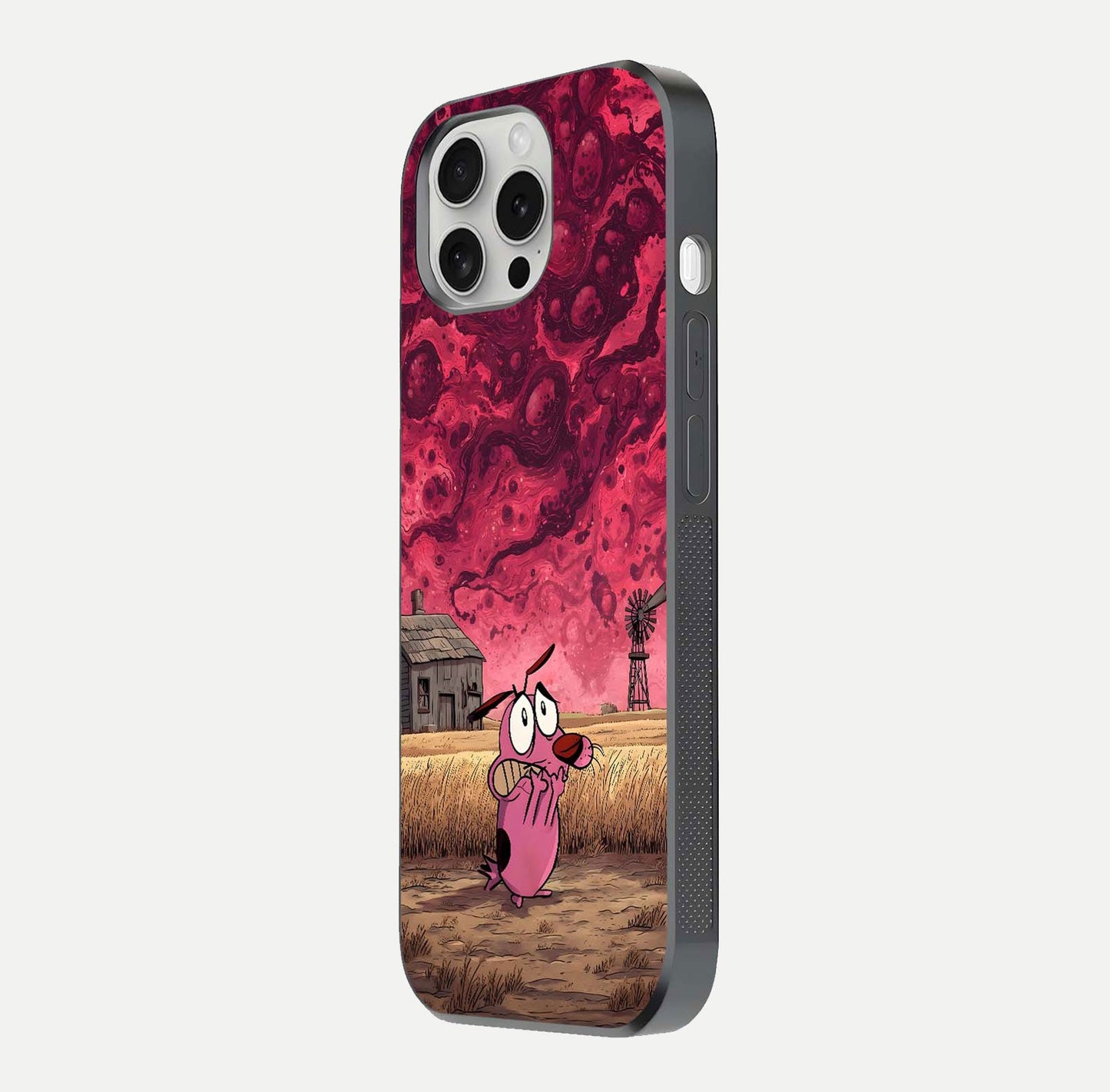Courage Under Sky Glass Case for iPhone 16 Pro side-angle photo showing gloss tone and curve highlight