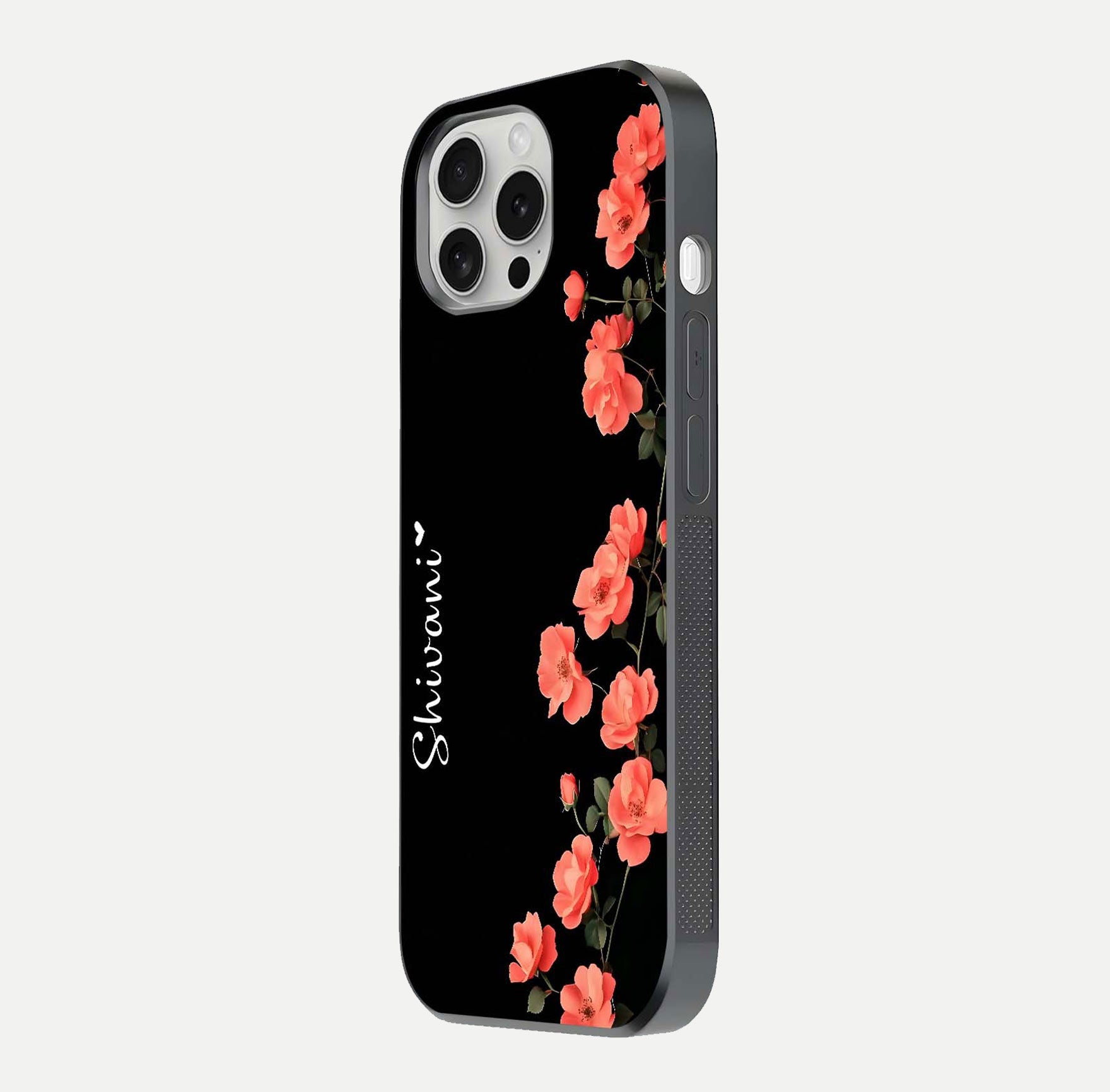 Crimson Bloom Grace Custom Name Glass Case for iPhone 16 Pro side-angle photo capturing edge glow and name clarity