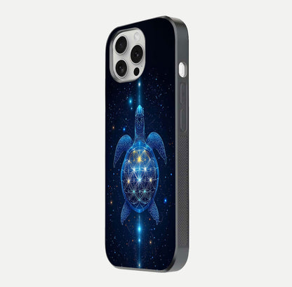 Crimson Blue Turtle Glass Case for iPhone 16 Pro side-angle photo showing curved edge and glass gloss