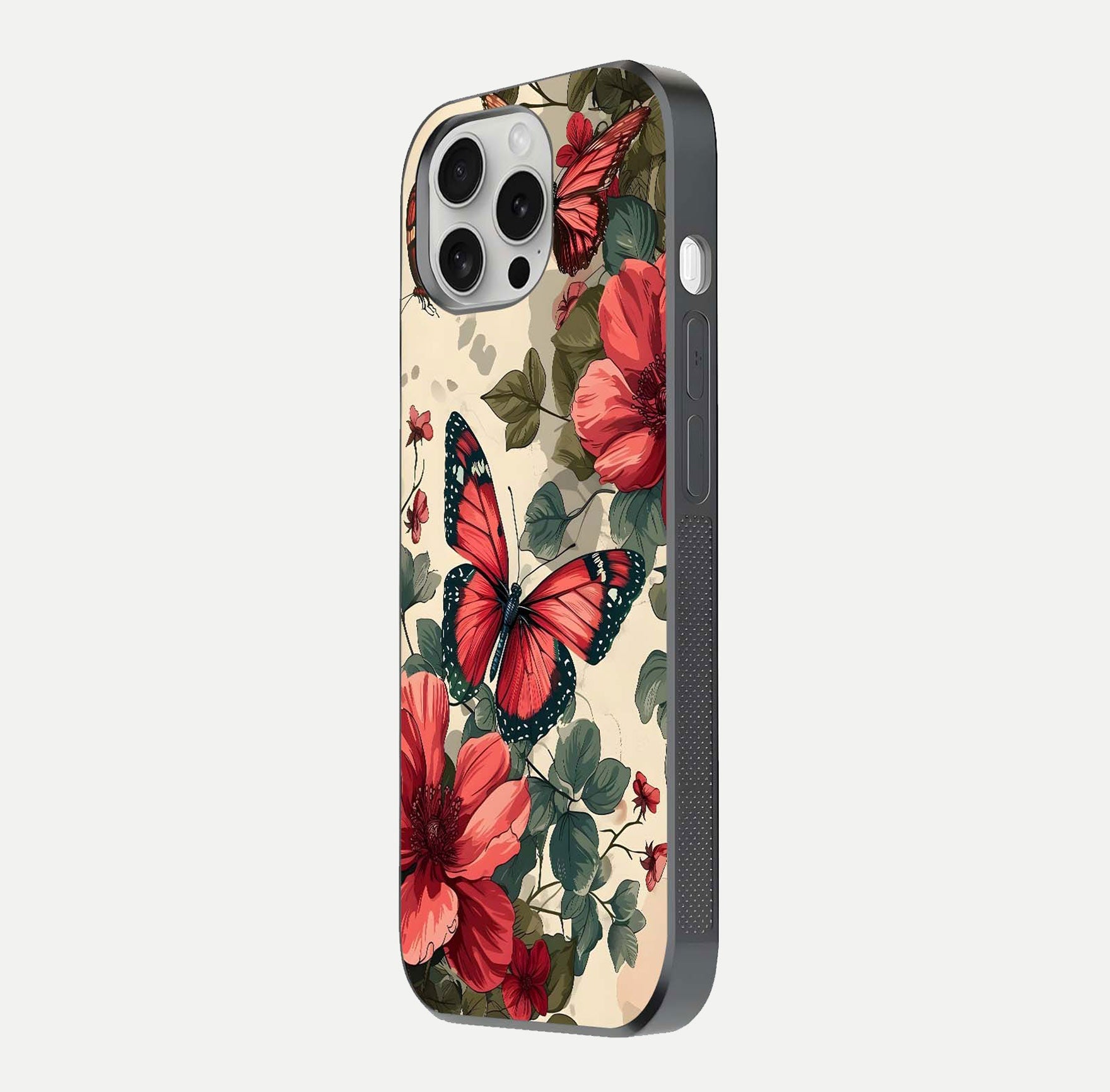 Crimson Butterfly Garden Glass Case for iPhone 16 Pro side-angle photo capturing gloss texture and soft tone