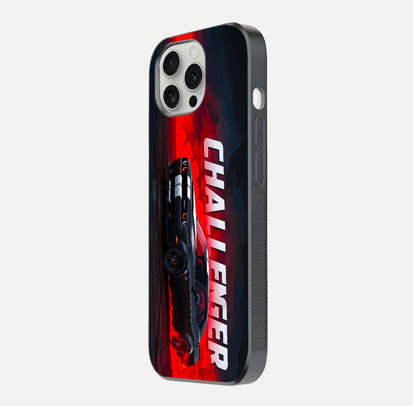 Crimson Challenger Fury Glass Case for iPhone 16 Pro side-angle image showing curve reflection and red finish