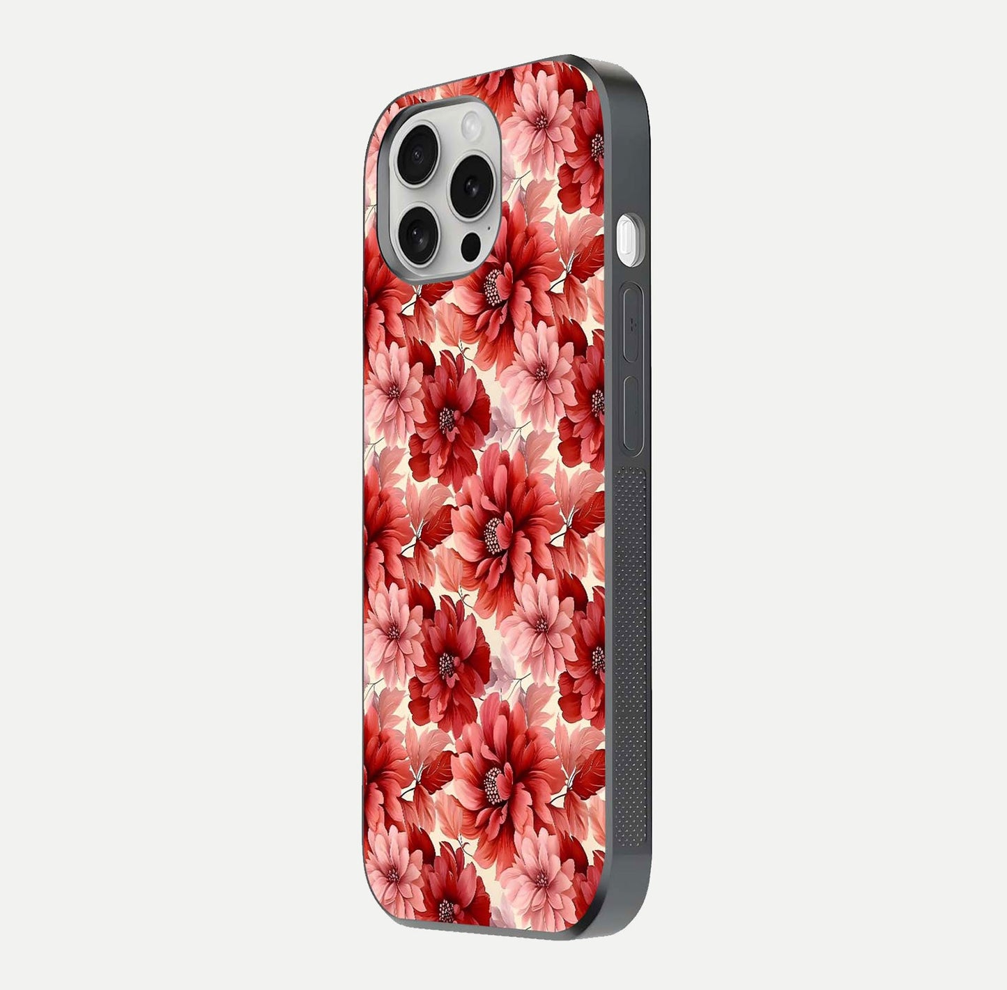 Crimson Love Petals Glass Case for iPhone 16 Pro side-angle photo showing reflection glow and edge clarity