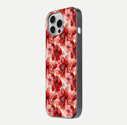 Crimson Love Petals Glass Case for iPhone 16 Pro side-angle photo showing reflection glow and edge clarity