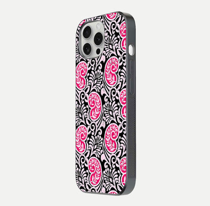 Crimson Paisley Charm Glass Case for iPhone 16 Pro side-angle image showing reflection and smooth edges