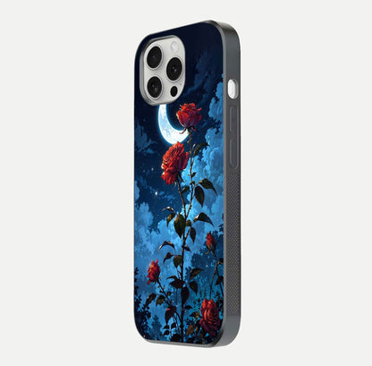 Crimson Rose Moon Glass Case for iPhone 16 Pro side-angle photo showing reflective texture and smooth curve