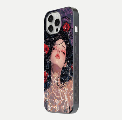 Crimson Rose Serenity Glass Case for iPhone 16 Pro side-angle photo showing glass reflection and soft edges