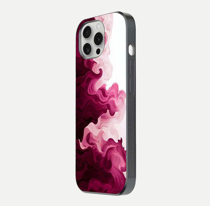 Crimson Wave Flow Glass Case for iPhone 16 Pro side-angle photo showing reflection glow and HD finish