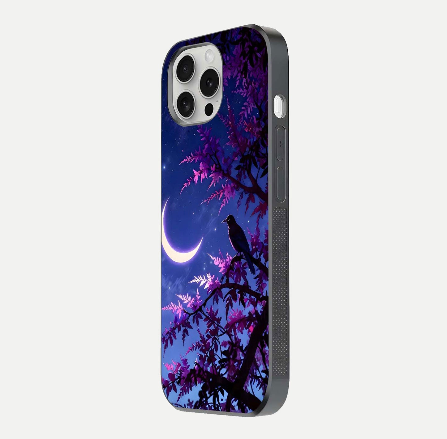 Crow & Moon Scenery Glass Case for iPhone 16 Pro side-angle photo capturing glossy shine and artistic contrast