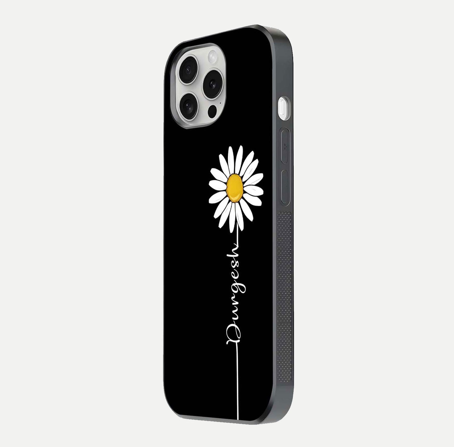 Custom Name White Flower Glass Case for iPhone 16 Pro side-angle photo showing reflection shine and name clarity