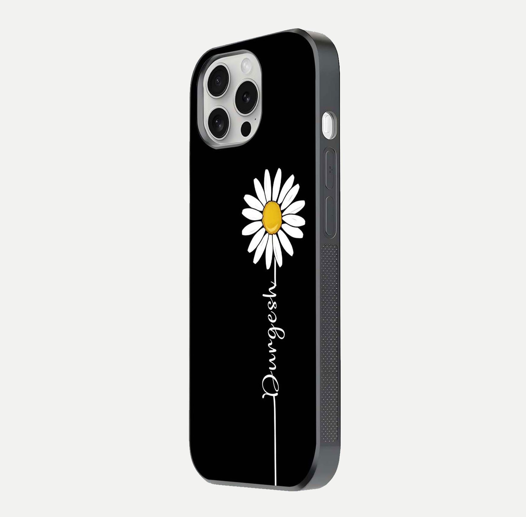 Custom Name White Flower Glass Case for iPhone 16 Pro side-angle photo showing reflection shine and name clarity
