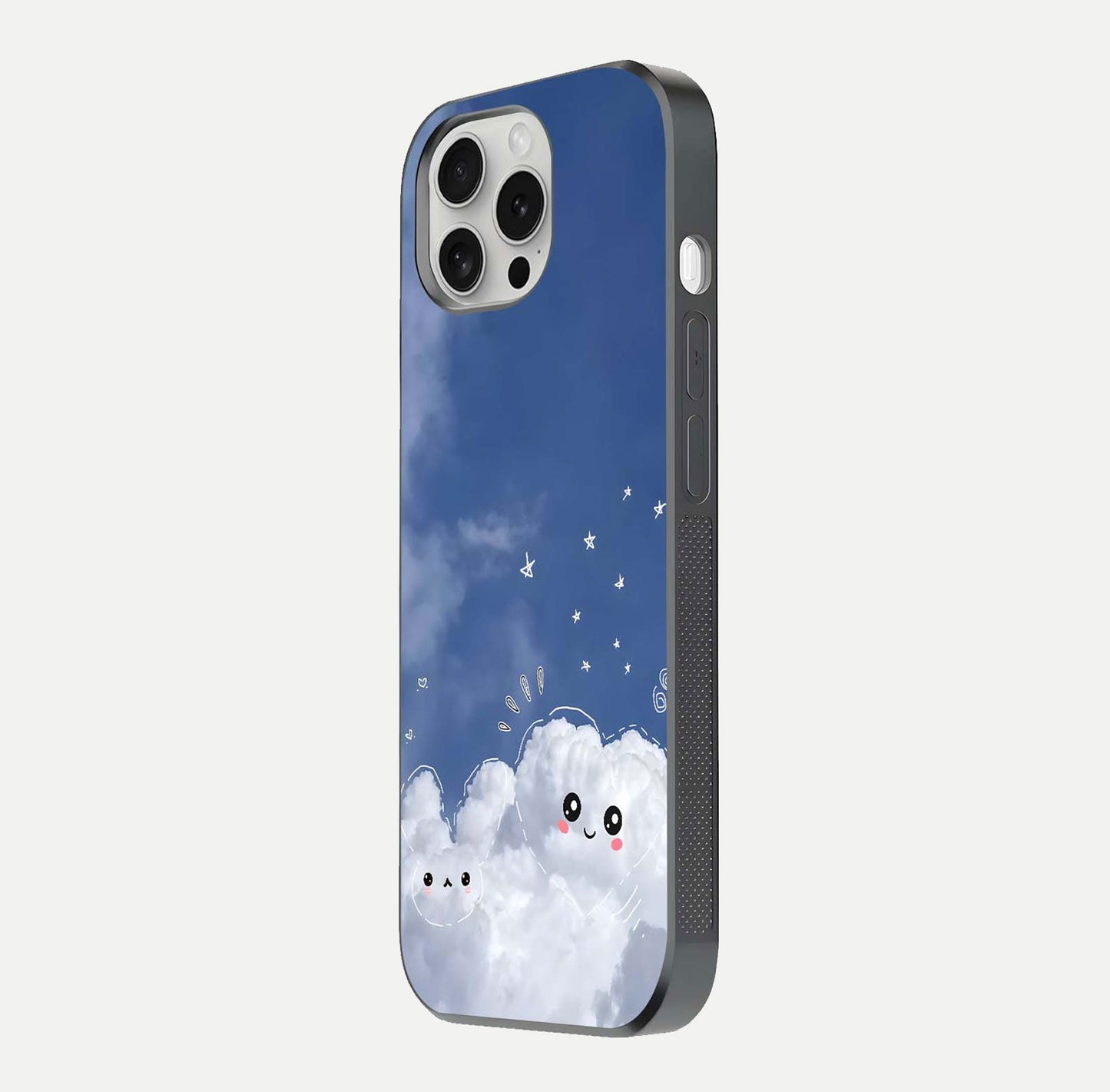 Cute Blossom Cloud Glass Case for iPhone 16 Pro side-angle image capturing gloss texture and curve reflection