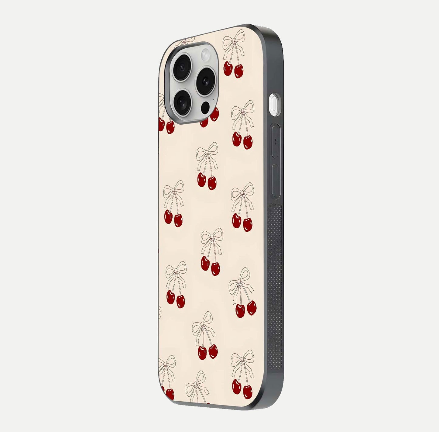 Cute Cherry Pattern Glass Case for iPhone 16 Pro side-angle photo highlighting gloss curve and pattern clarity