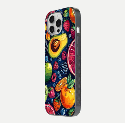 Cute Fruits Art Glass Case for iPhone 16 Pro side-angle photo showing reflective finish and smooth edges