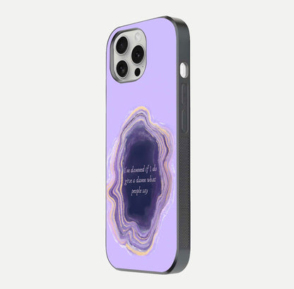 Damned People Quote Glass Case for iPhone 16 Pro side-angle image showing light shine and smooth edges
