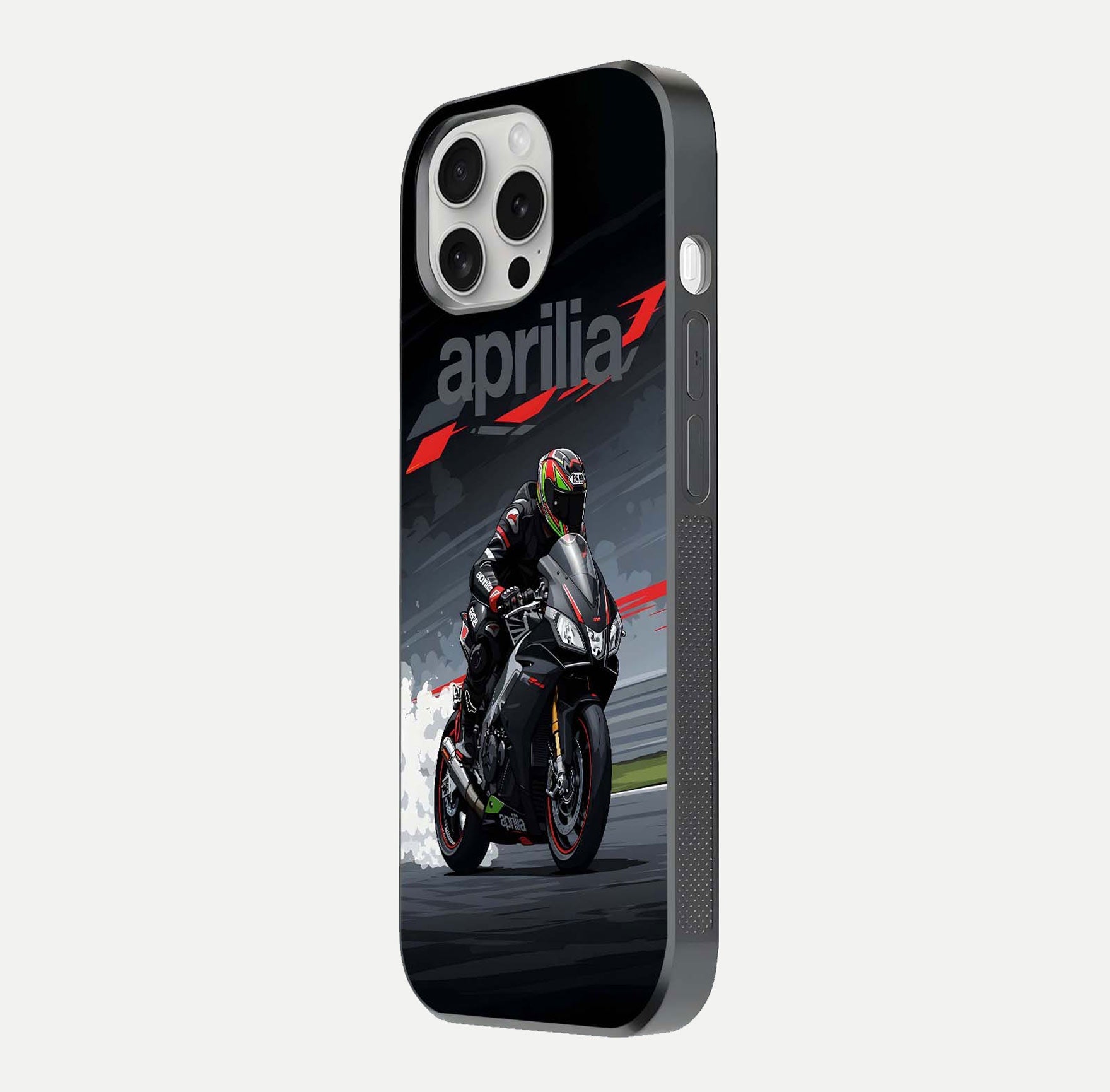 Dark Aprilla Glass Case for iPhone 16 Pro side-angle photo showing reflection gloss and curved edge finish
