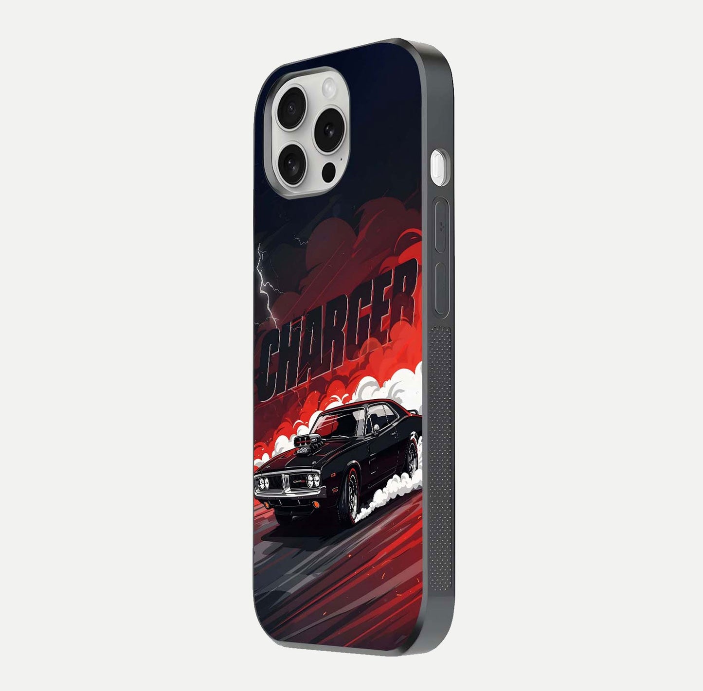 Dark Charger Fury Glass Case for iPhone 16 Pro side-angle image showing edge gloss and bold tone