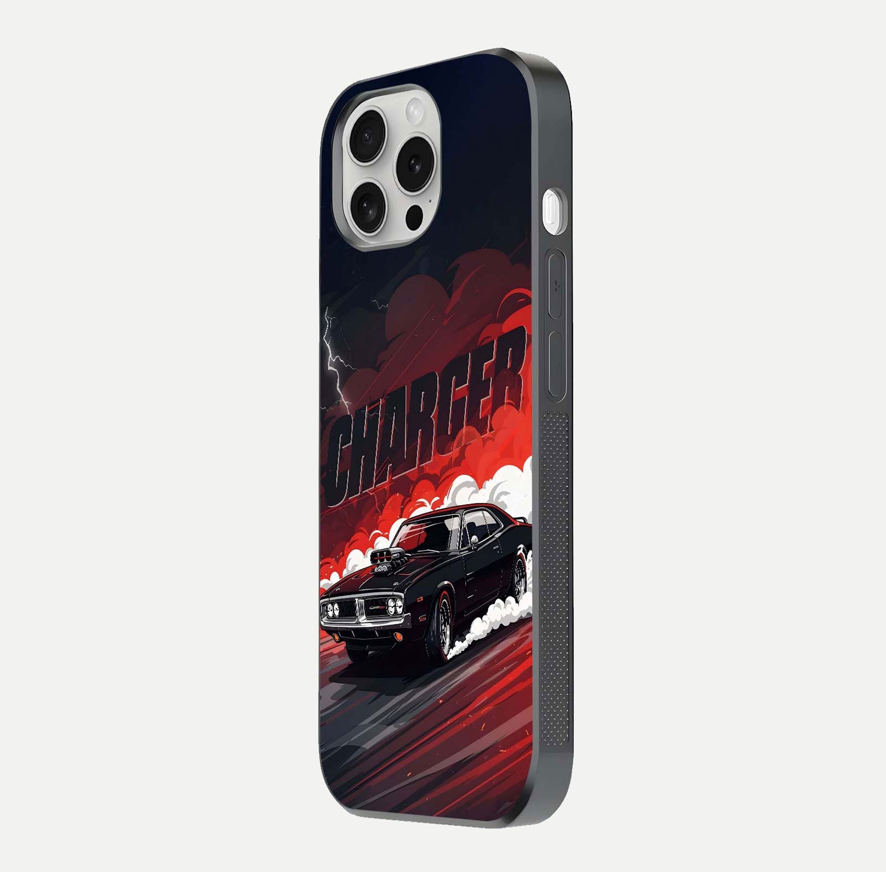 Dark Charger Fury Glass Case for iPhone 16 Pro side-angle image showing edge gloss and bold tone