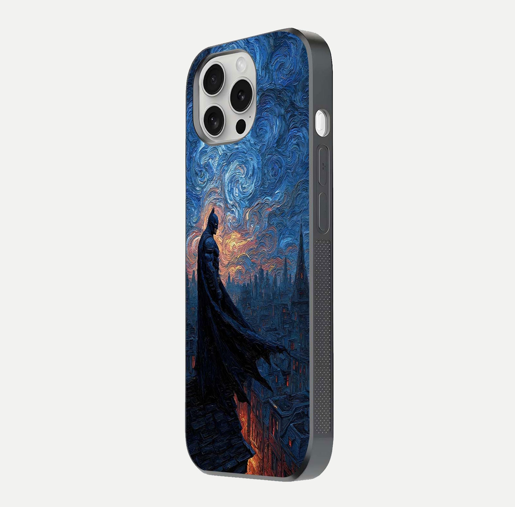 Dark Knight Dusk Glass Case for iPhone 16 Pro side-angle image capturing reflection shine and bold contrast