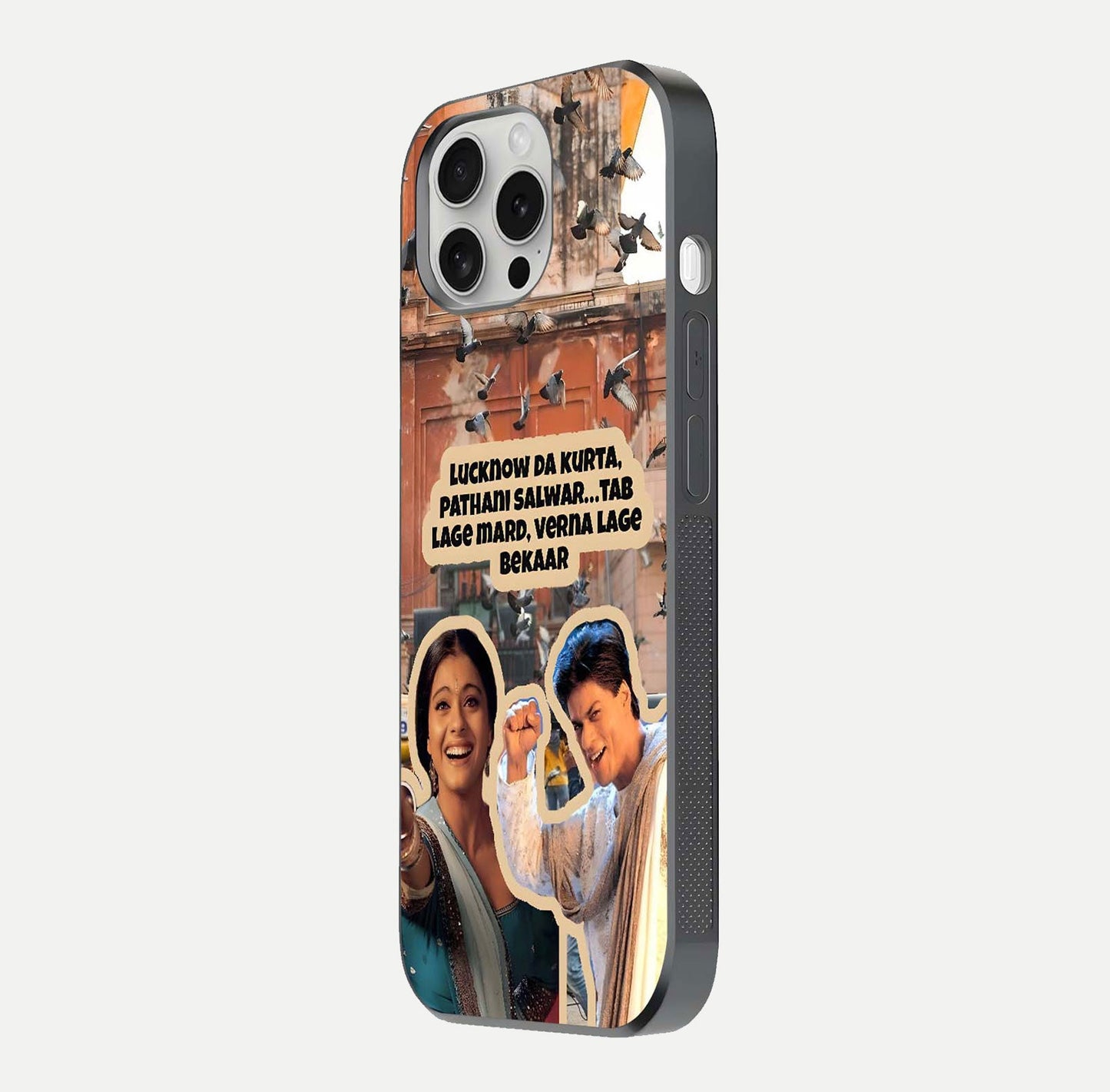 Desi Retro Vibes Glass Case for iPhone 16 Pro side-angle image displaying gloss texture and bold pattern