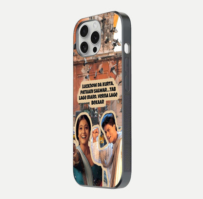 Desi Retro Vibes Glass Case for iPhone 16 Pro side-angle image displaying gloss texture and bold pattern