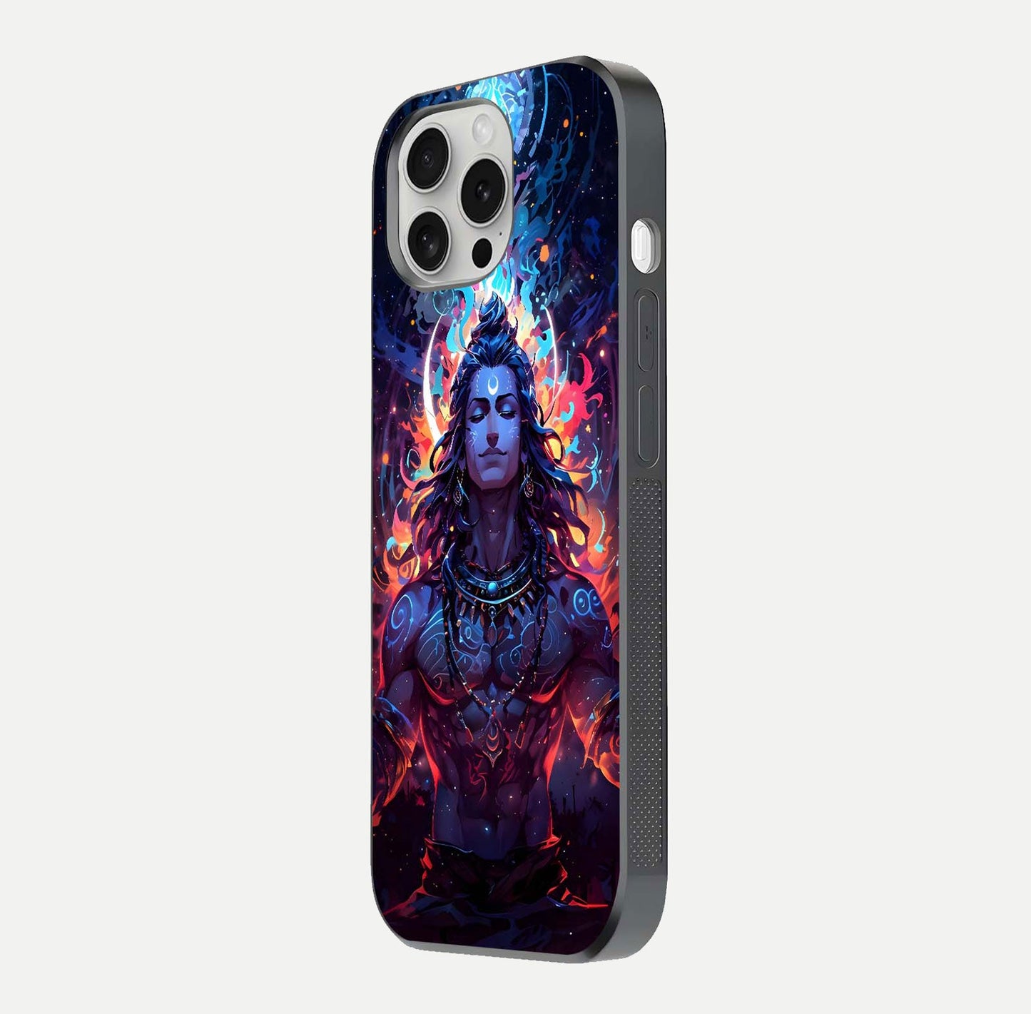 Divine Fire Shiv Glass Case for iPhone 16 Pro side-angle image showing reflection clarity and shine