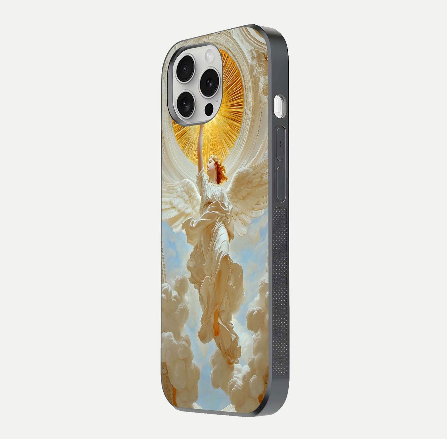 Divine Light Angel Glass Case for iPhone 16 Pro side-angle image capturing reflection shine and edge finish