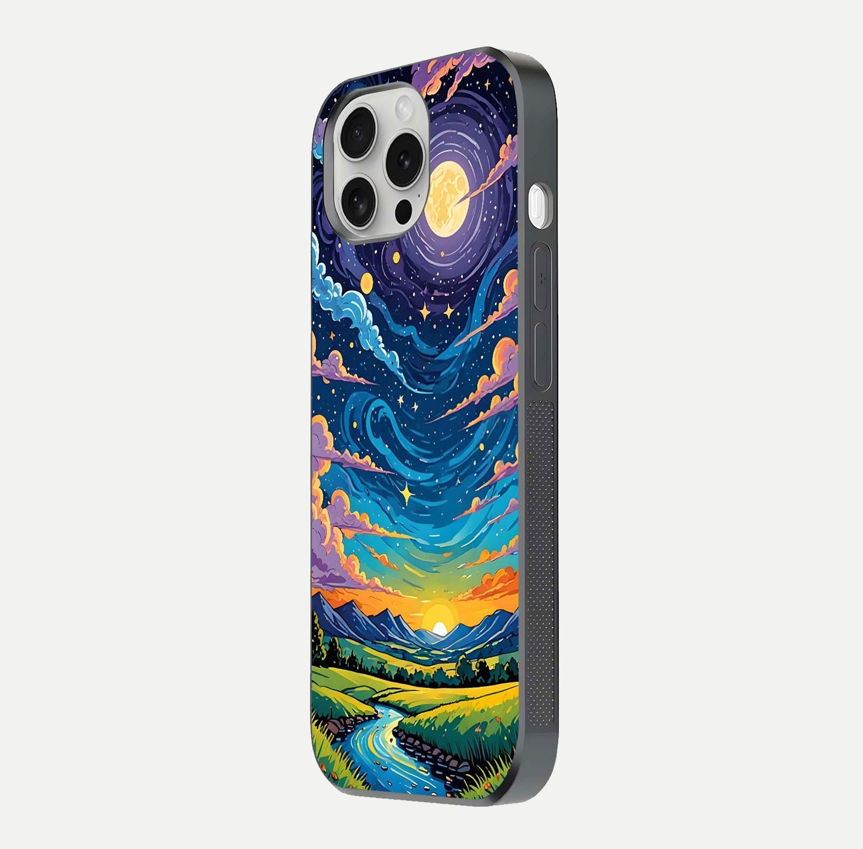 Dreamy Night Landscape Glass Case for iPhone 16 Pro side-angle photo capturing reflection glow and edge detail
