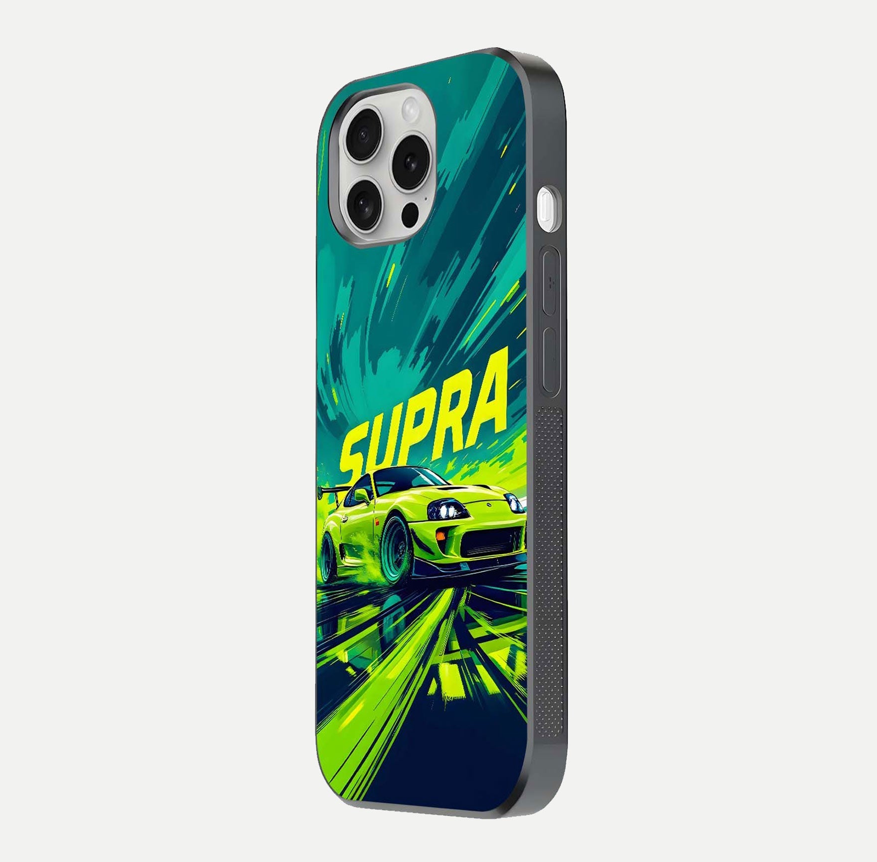 Electric Supra Thunder Glass Case for iPhone 16 Pro side-angle photo showing sleek car outline and reflective shine