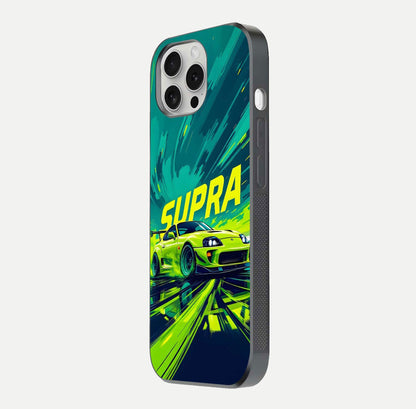 Electric Supra Thunder Glass Case for iPhone 16 Pro side-angle photo showing sleek car outline and reflective shine