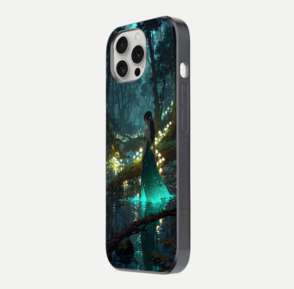 Enchanted Forest Glow Glass Case for iPhone 16 Pro side-angle image capturing shine reflection and rich detail