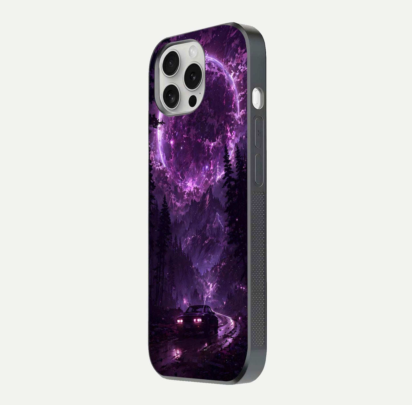 Eternal Cosmic Drive Glass Case for iPhone 16 Pro side-angle image showing reflection texture and color contrast