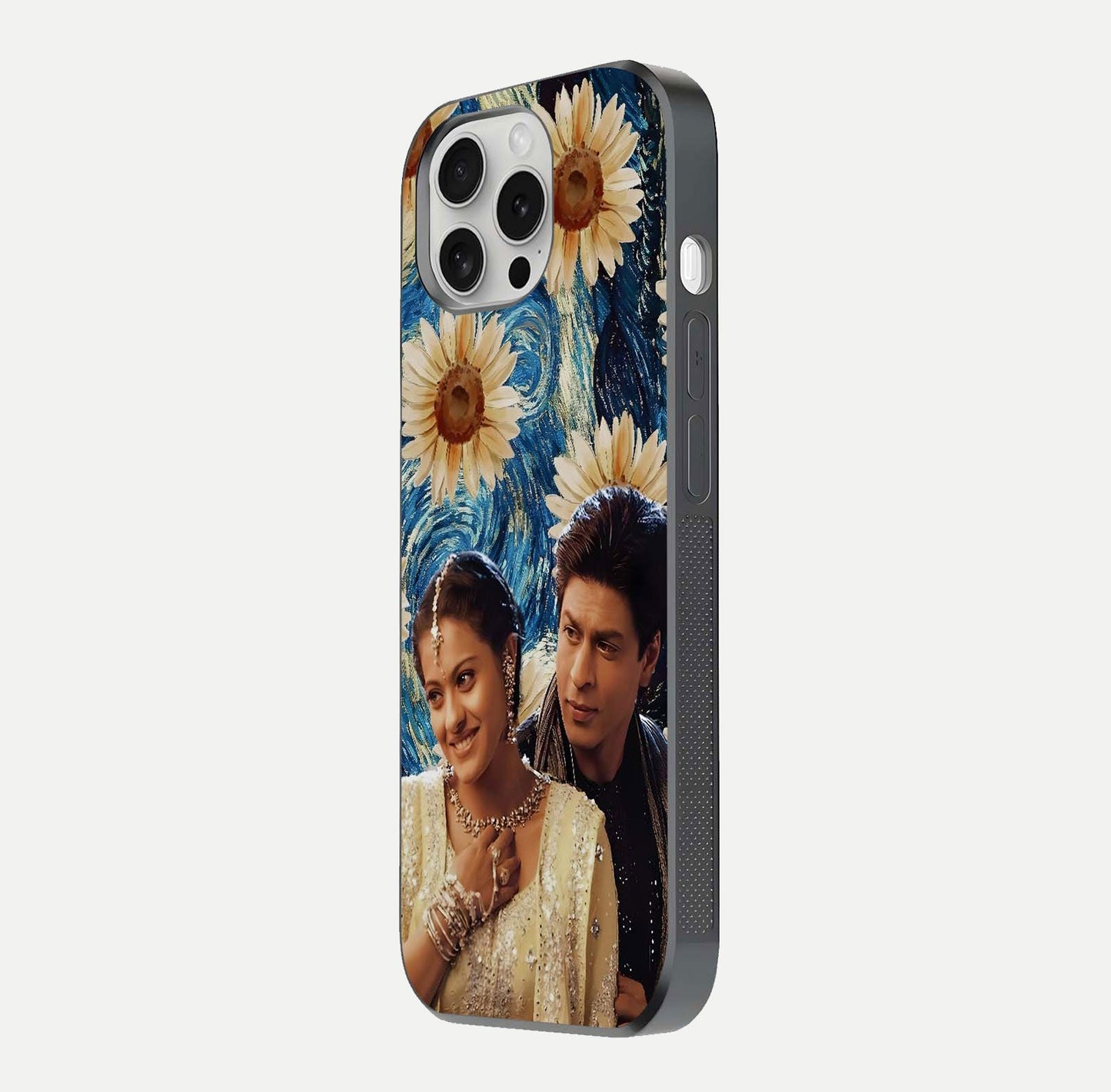 Eternal Love Story Glass Case for iPhone 16 Pro side-angle photo showing curved edges and polished surface