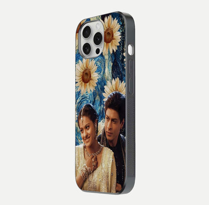 Eternal Love Story Glass Case for iPhone 16 Pro side-angle photo showing curved edges and polished surface
