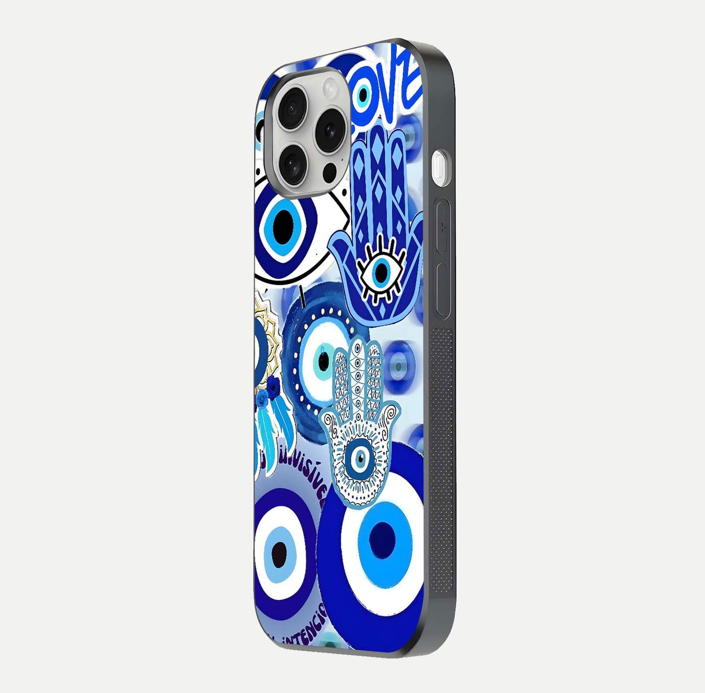 Evil Eyes Dream Glass Case for iPhone 16 Pro side-angle photo capturing smooth edges and reflective texture