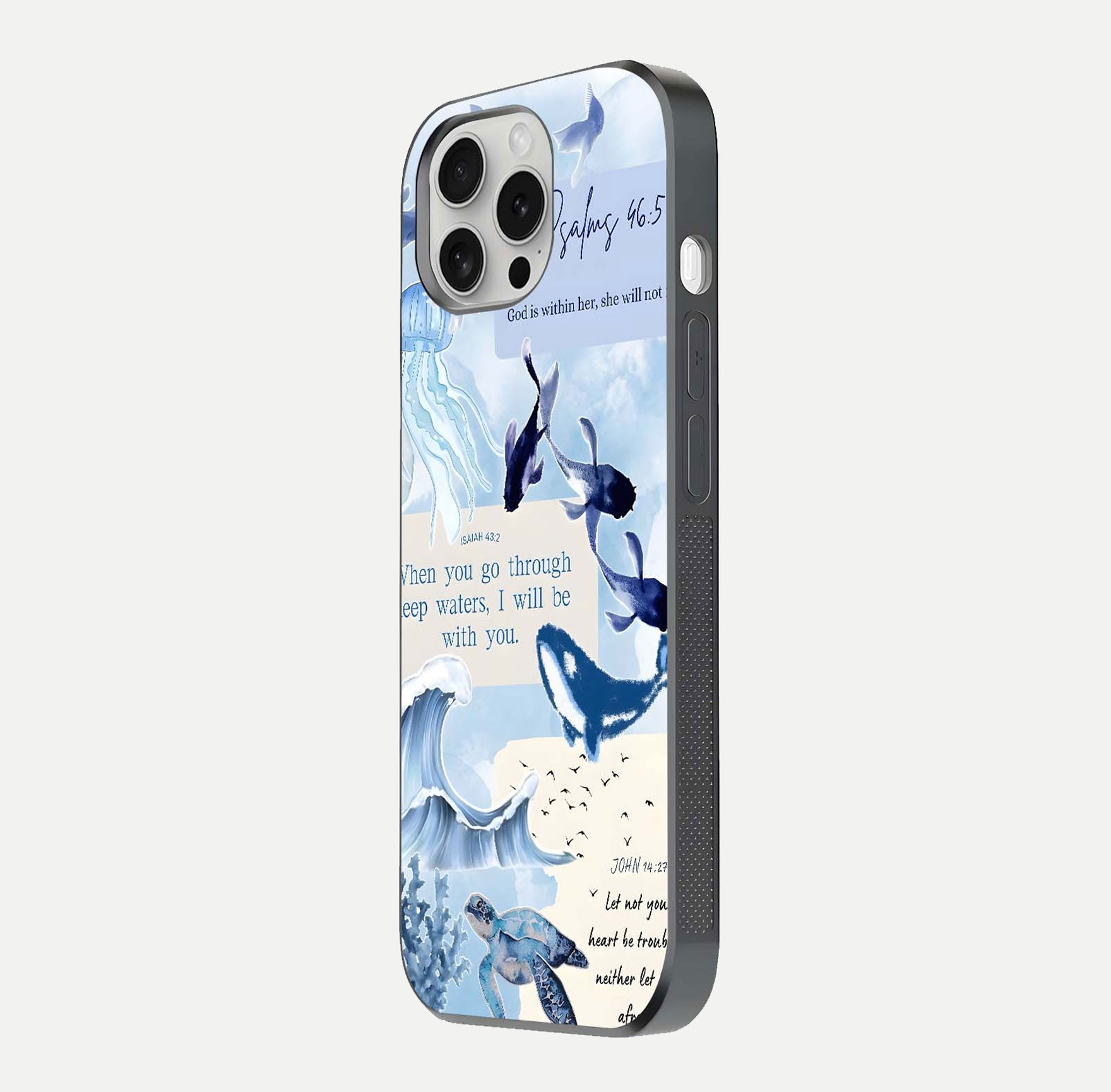 Faithful Ocean Promise Glass Case for iPhone 16 Pro side-angle photo showing reflection glow and color clarity