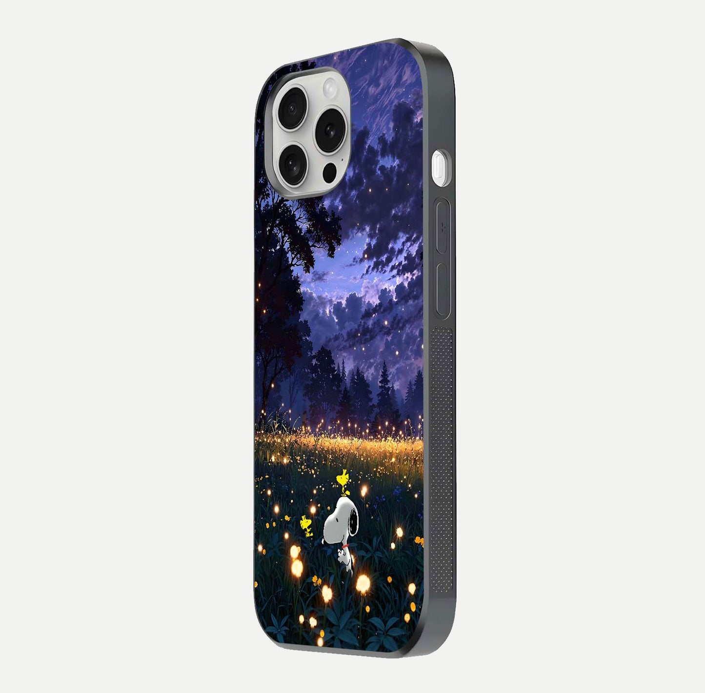 Firefly Meadow Magic Glass Case for iPhone 16 Pro side-angle image capturing glow reflection and fine texture