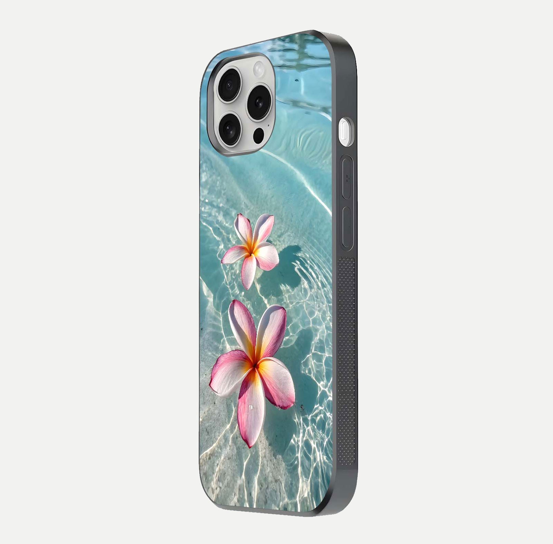 Floating Bloom Bliss Glass Case for iPhone 16 Pro side-angle photo showing smooth reflection and elegant curve