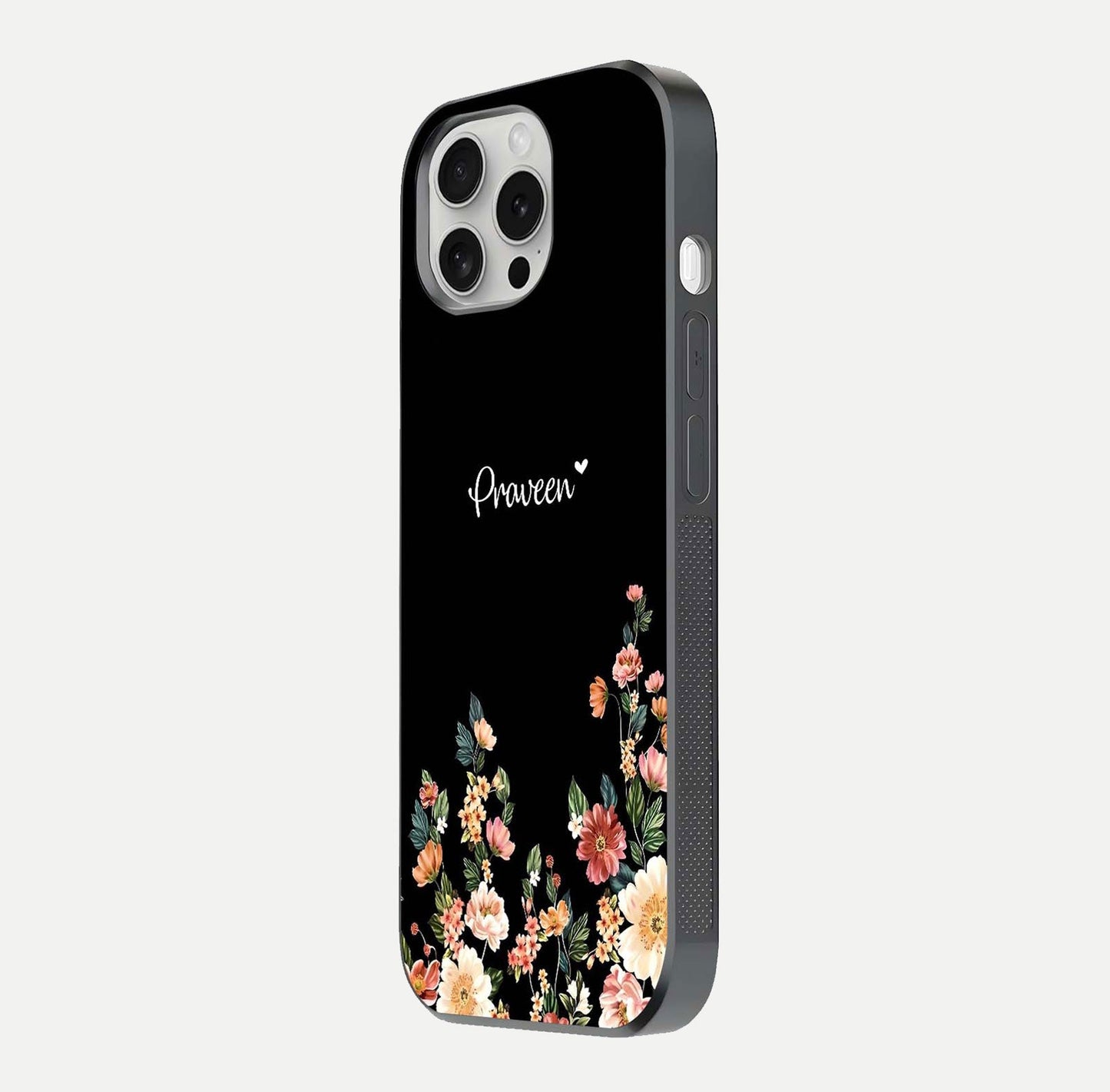 Floral Design Personalized Custom Name Glass Case for iPhone 16 Pro side-angle image showing name alignment and gloss shine