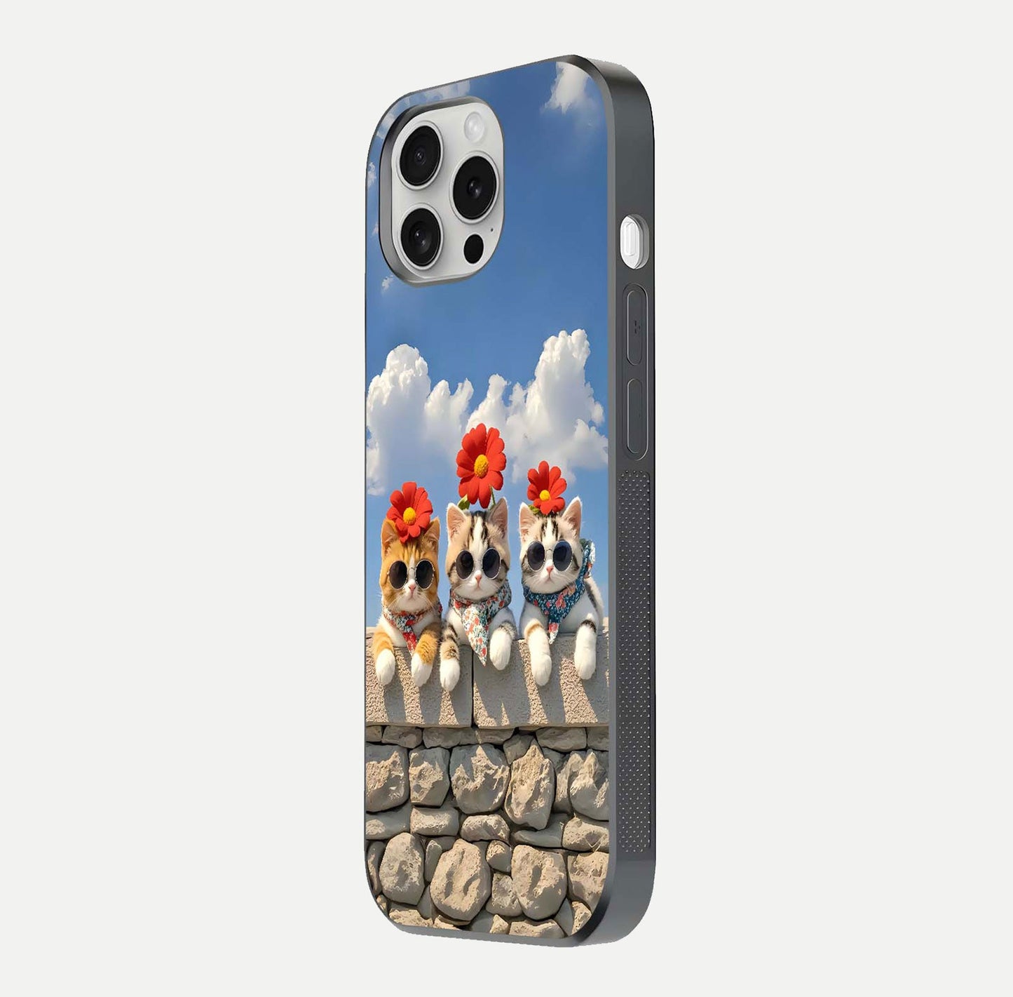 Floral Kitty Squad Glass Case for iPhone 16 Pro side-angle photo showing reflection glow and polished surface