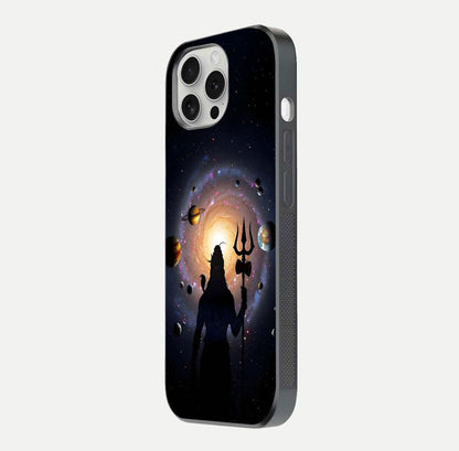 Galactic Shiva Vision Glass Case for iPhone 16 Pro side-angle image showing light reflection, glass edges, and spiritual cosmic theme