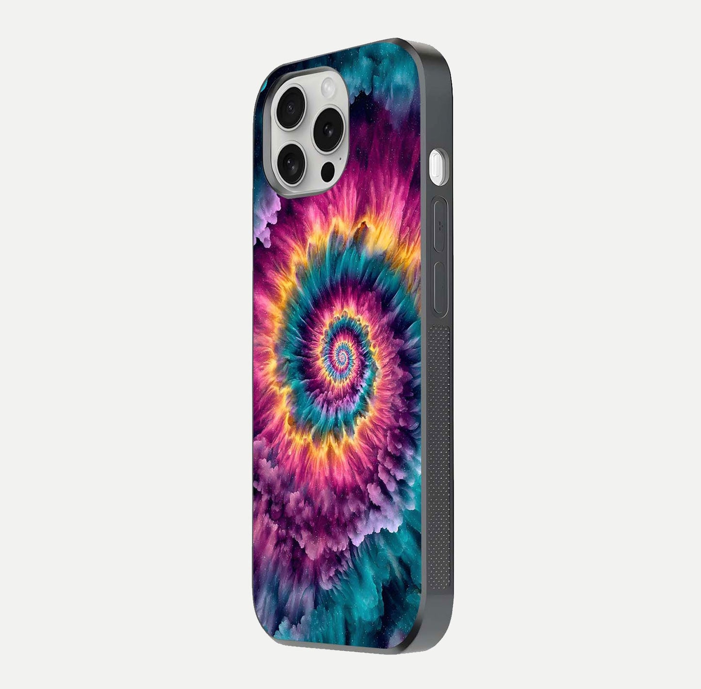 Galactic Spiral Burst Glass Case for iPhone 16 Pro side-angle image showing reflection clarity and vivid galactic texture