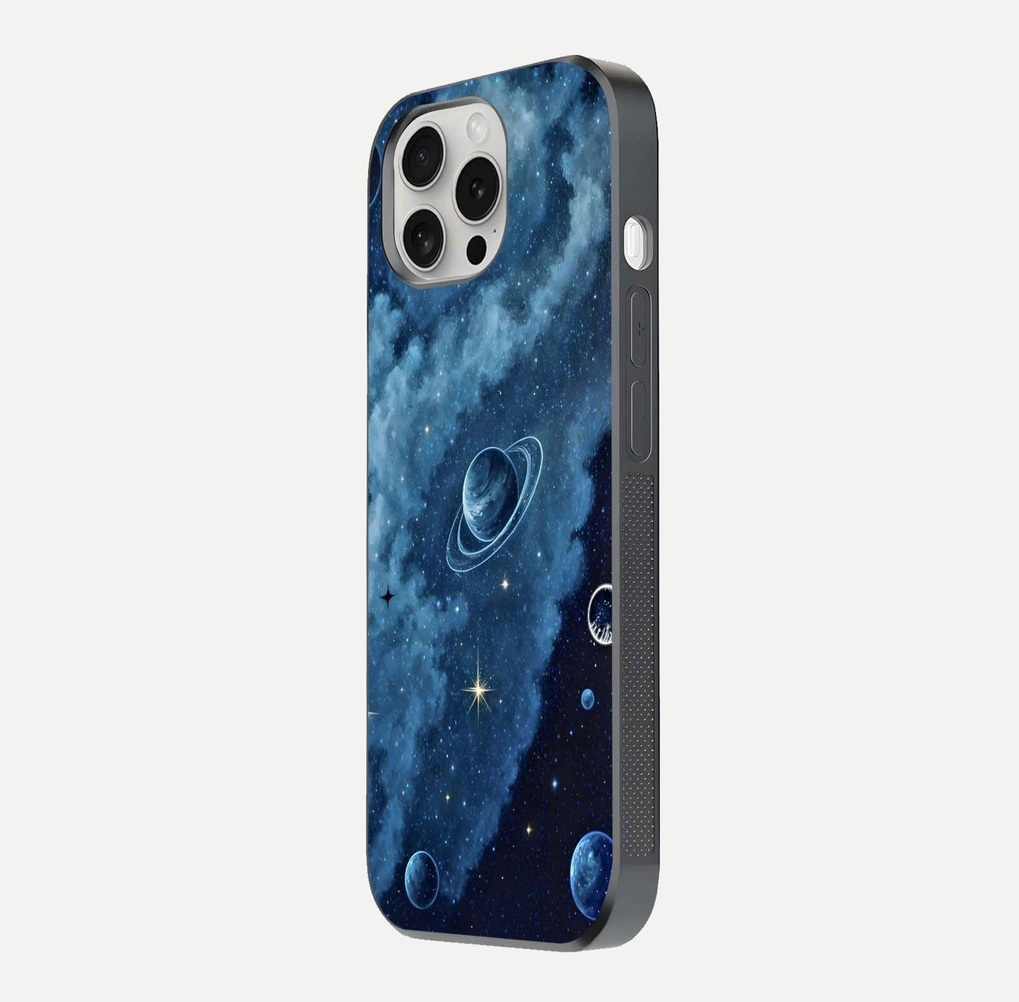 Galaxy Dream Space Glass Case for iPhone 16 Pro side-angle image capturing reflection clarity and galactic texture