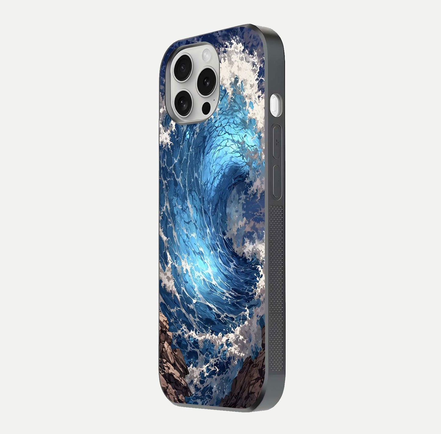 Giant Ocean Wave Glass Case for iPhone 16 Pro side-angle image showing light reflection and ocean detail
